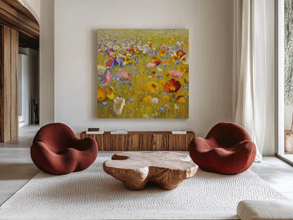 Champ de Fleur I by Shirley Novak. Shown as extra-large giant wall art in a modern living room. Available as an archival giclee rolled canvas, fine art paper, or poster print. SKU 22127a.