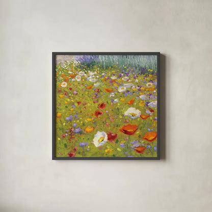 Champ de Fleur II by Shirley Novak. Shown in a sleek black glass frame for a contemporary gallery look. Available as an archival giclee rolled canvas, fine art paper, or poster print. SKU 22128a.