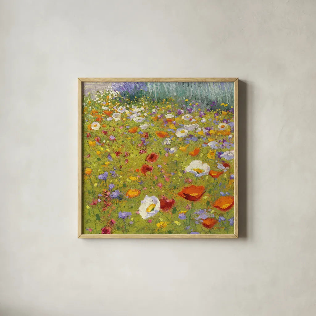 Champ de Fleur II by Shirley Novak. Shown in a natural wood glass frame for a timeless modern aesthetic. Available as an archival giclee rolled canvas, fine art paper, or poster print. SKU 22128a.
