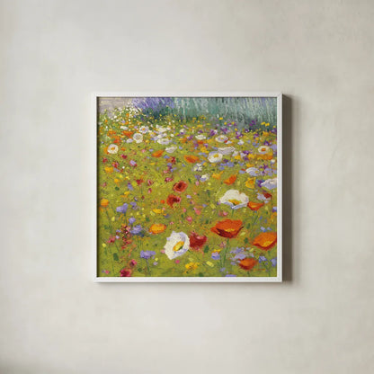 Champ de Fleur II by Shirley Novak. Shown in a crisp white glass frame for a clean and minimalist style. Available as an archival giclee rolled canvas, fine art paper, or poster print. SKU 22128a.