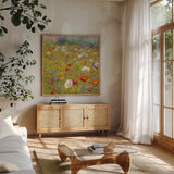 Champ de Fleur II by Shirley Novak. Shown in a natural wood frame in a cozy modern living room. Available as an archival giclee rolled canvas, fine art paper, or poster print. SKU 22128a.