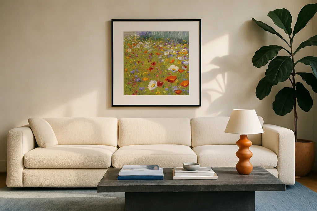 Champ de Fleur II by Shirley Novak. Displayed in a glass frame with matte in a clean modern living room. Available as an archival giclee rolled canvas, fine art paper, or poster print. SKU 22128a.