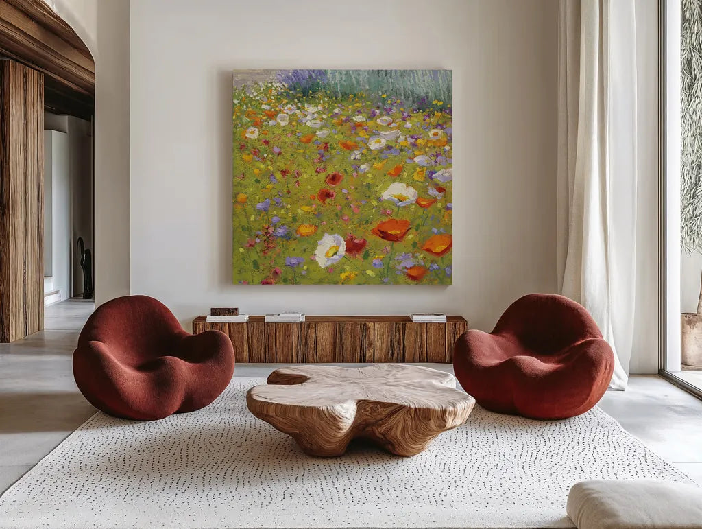 Champ de Fleur II by Shirley Novak. Shown as extra-large giant wall art in a modern living room. Available as an archival giclee rolled canvas, fine art paper, or poster print. SKU 22128a.