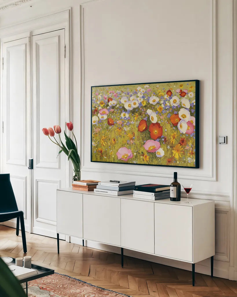 Champ de Fleur III by Shirley Novak. shown as a framed stretched canvas in a living room above a console. Available as a archival giclee rolled canvas, fine art paper, or poster print. SKU 22129i.