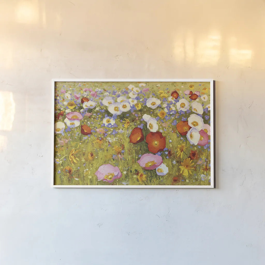 Champ de Fleur III by Shirley Novak. shown as a paper print in a white frame. Available as a archival giclee rolled canvas, fine art paper, or poster print. SKU 22129i.