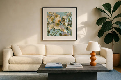 Chantilly by Shirley Novak. Displayed in a glass frame with matte in a clean modern living room. Available as an archival giclee rolled canvas, fine art paper, or poster print. SKU 10013a.