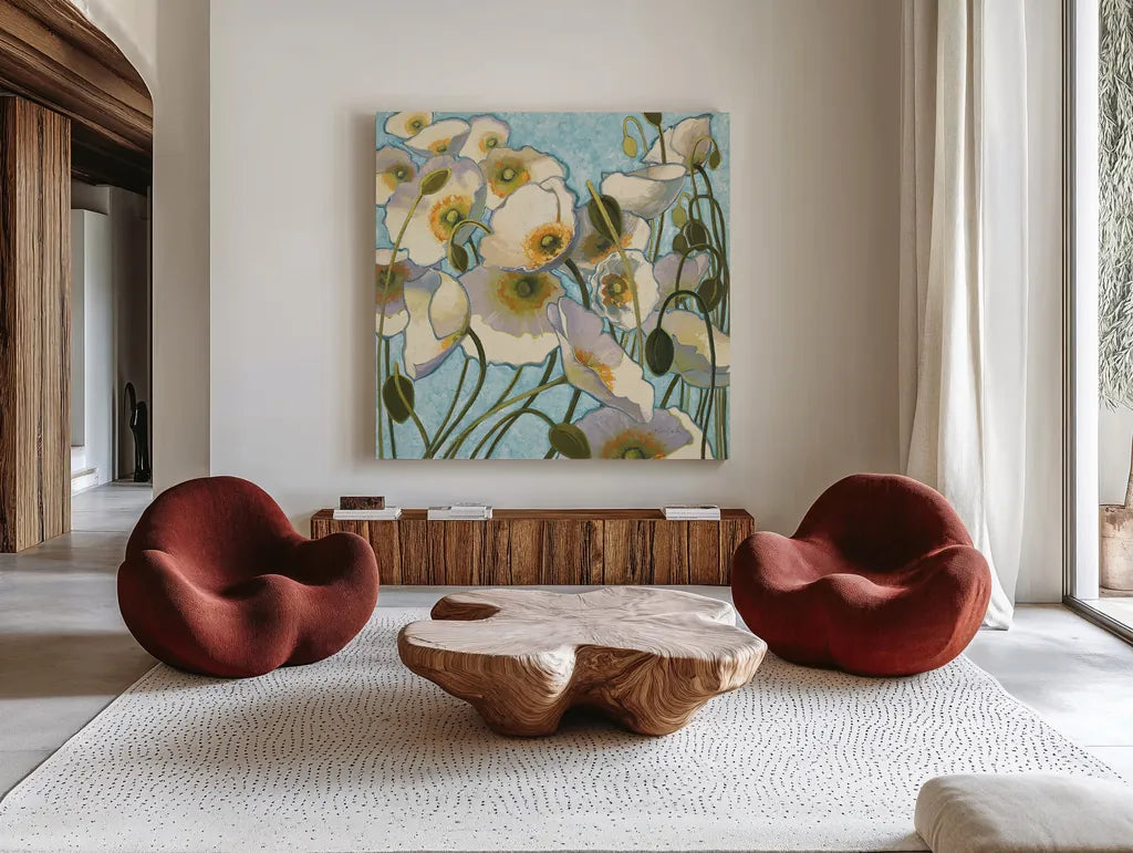 Chantilly by Shirley Novak. Shown as extra-large giant wall art in a modern living room. Available as an archival giclee rolled canvas, fine art paper, or poster print. SKU 10013a.