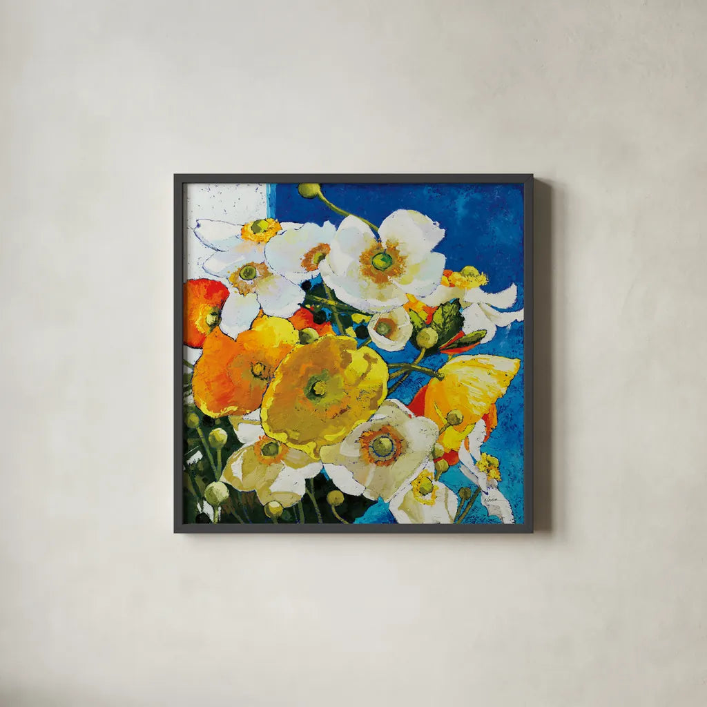 Chasing Color for the Happy of It by Shirley Novak. Shown in a sleek black glass frame for a contemporary gallery look. Available as an archival giclee rolled canvas, fine art paper, or poster print. SKU 89146a.