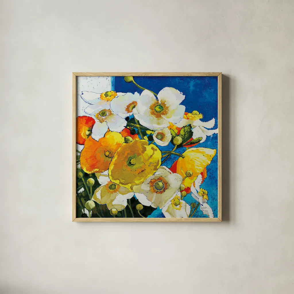 Chasing Color for the Happy of It by Shirley Novak. Shown in a natural wood glass frame for a timeless modern aesthetic. Available as an archival giclee rolled canvas, fine art paper, or poster print. SKU 89146a.