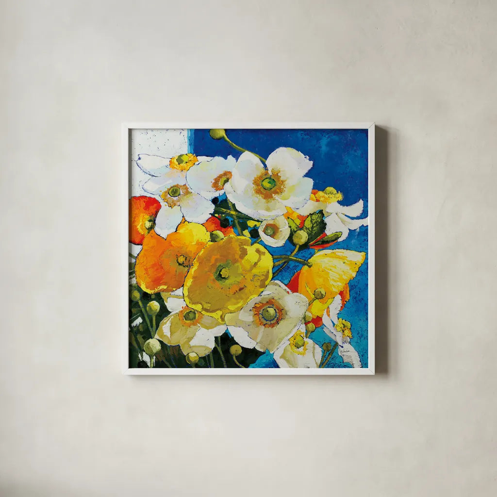 Chasing Color for the Happy of It by Shirley Novak. Shown in a crisp white glass frame for a clean and minimalist style. Available as an archival giclee rolled canvas, fine art paper, or poster print. SKU 89146a.