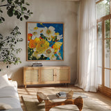 Chasing Color for the Happy of It by Shirley Novak. Shown in a natural wood frame in a cozy modern living room. Available as an archival giclee rolled canvas, fine art paper, or poster print. SKU 89146a.