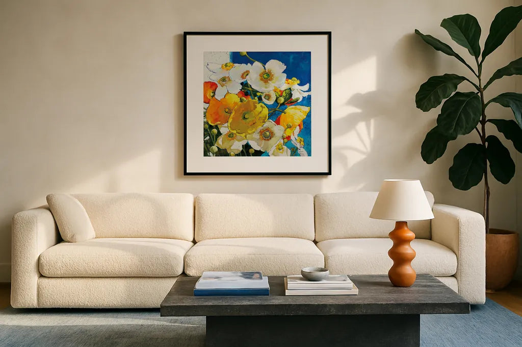 Chasing Color for the Happy of It by Shirley Novak. Displayed in a glass frame with matte in a clean modern living room. Available as an archival giclee rolled canvas, fine art paper, or poster print. SKU 89146a.