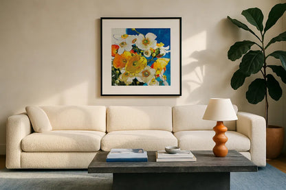 Chasing Color for the Happy of It by Shirley Novak. Displayed in a glass frame with matte in a clean modern living room. Available as an archival giclee rolled canvas, fine art paper, or poster print. SKU 89146a.