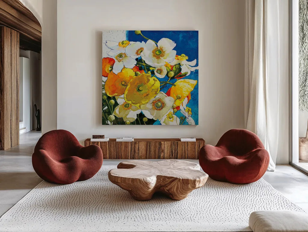 Chasing Color for the Happy of It by Shirley Novak. Shown as extra-large giant wall art in a modern living room. Available as an archival giclee rolled canvas, fine art paper, or poster print. SKU 89146a.