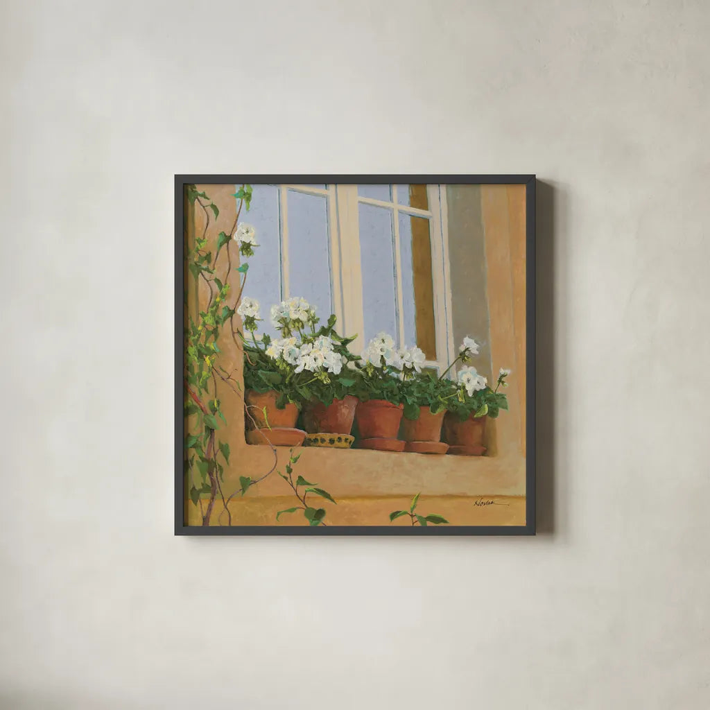 Chateau Creancey Window Light Sq by Shirley Novak. Shown in a sleek black glass frame for a contemporary gallery look. Available as an archival giclee rolled canvas, fine art paper, or poster print. SKU 65543a.