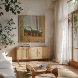 Chateau Creancey Window Light Sq by Shirley Novak. Shown in a natural wood frame in a cozy modern living room. Available as an archival giclee rolled canvas, fine art paper, or poster print. SKU 65543a.