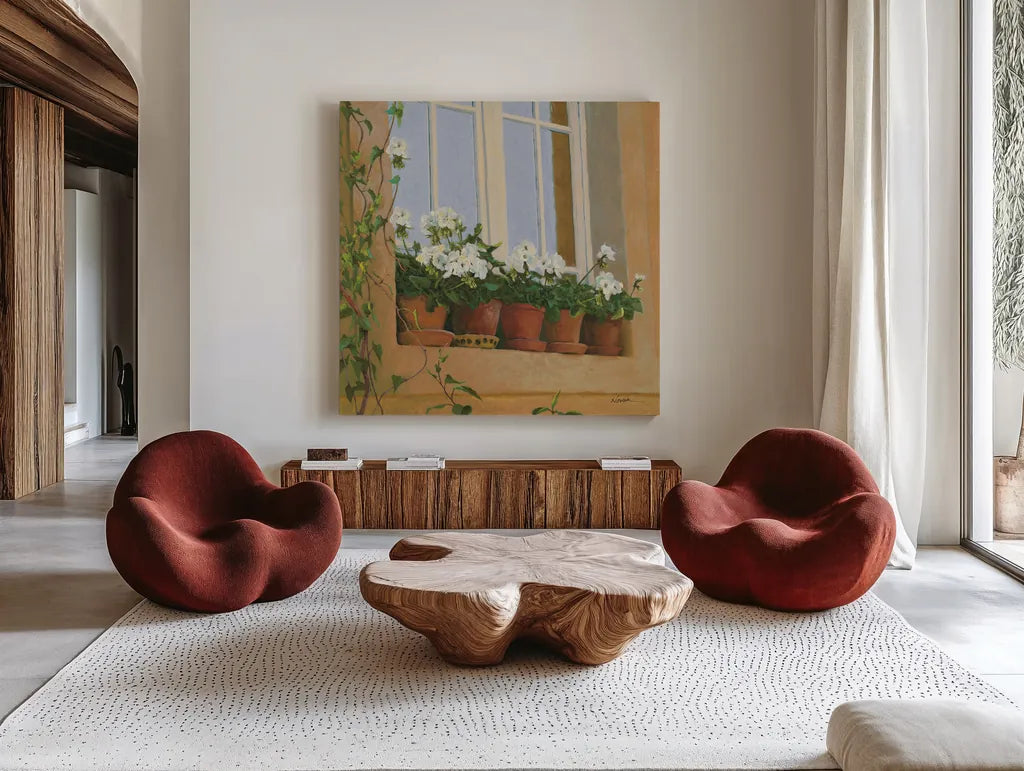 Chateau Creancey Window Light Sq by Shirley Novak. Shown as extra-large giant wall art in a modern living room. Available as an archival giclee rolled canvas, fine art paper, or poster print. SKU 65543a.