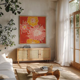 Cloisonne Beauty I Crop by Shirley Novak. Shown in a natural wood frame in a cozy modern living room. Available as an archival giclee rolled canvas, fine art paper, or poster print. SKU 21468a.