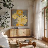 Cloisonne Beauty I Gray Crop by Shirley Novak. Shown in a natural wood frame in a cozy modern living room. Available as an archival giclee rolled canvas, fine art paper, or poster print. SKU 21472a.