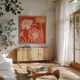 Cloisonne Beauty II Crop by Shirley Novak. Shown in a natural wood frame in a cozy modern living room. Available as an archival giclee rolled canvas, fine art paper, or poster print. SKU 21469a.