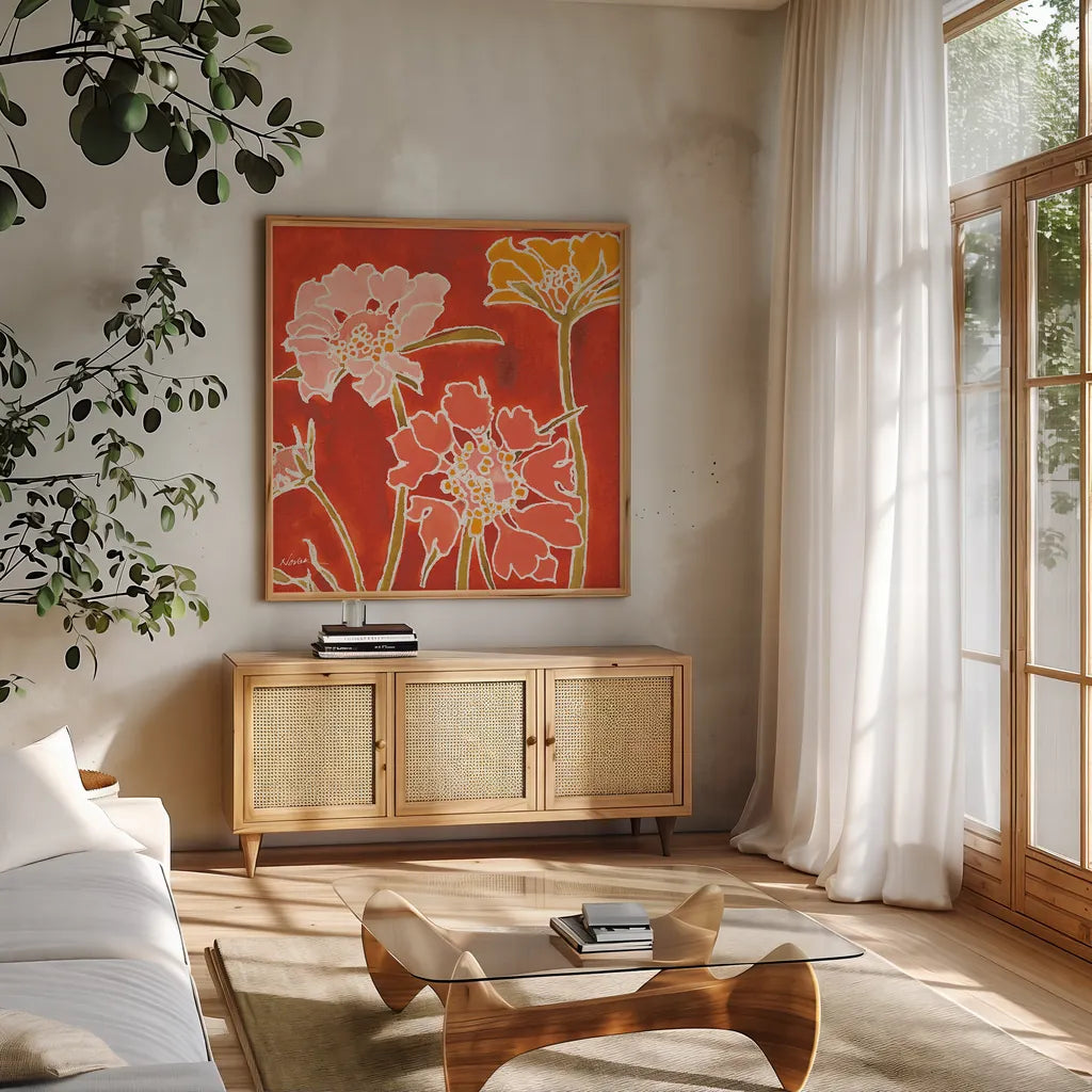 Cloisonne Beauty II Crop by Shirley Novak. Shown in a natural wood frame in a cozy modern living room. Available as an archival giclee rolled canvas, fine art paper, or poster print. SKU 21469a.