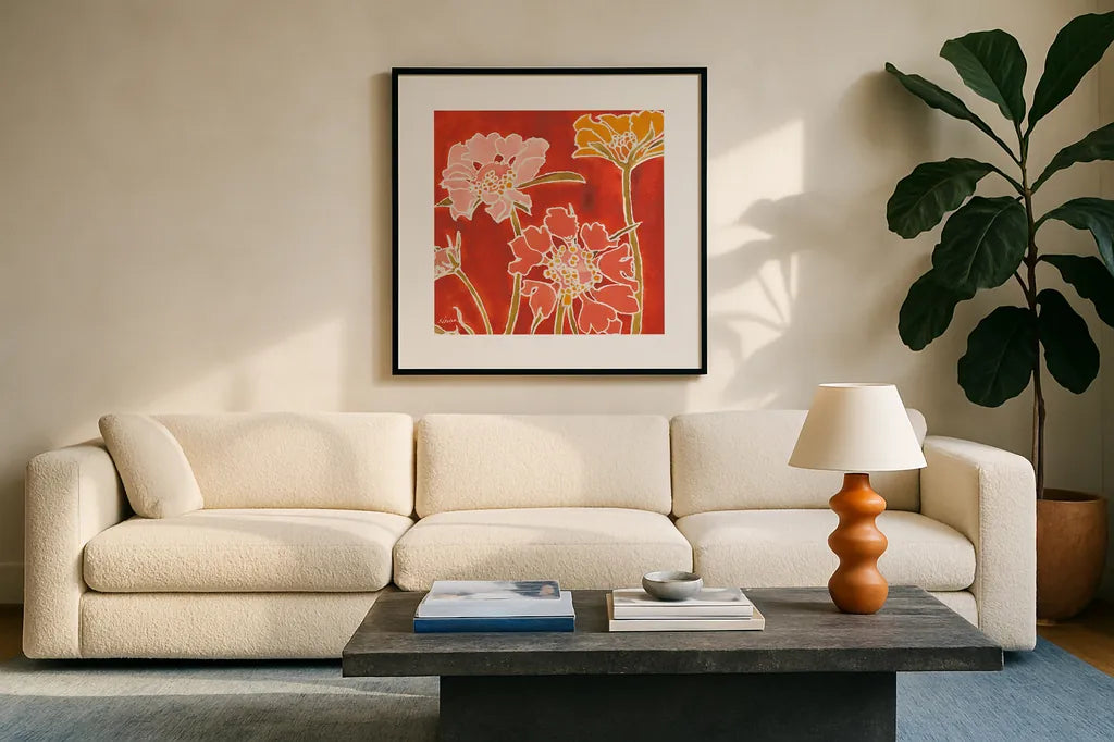 Cloisonne Beauty II Crop by Shirley Novak. Displayed in a glass frame with matte in a clean modern living room. Available as an archival giclee rolled canvas, fine art paper, or poster print. SKU 21469a.
