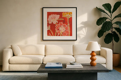 Cloisonne Beauty II Crop by Shirley Novak. Displayed in a glass frame with matte in a clean modern living room. Available as an archival giclee rolled canvas, fine art paper, or poster print. SKU 21469a.