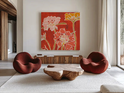 Cloisonne Beauty II Crop by Shirley Novak. Shown as extra-large giant wall art in a modern living room. Available as an archival giclee rolled canvas, fine art paper, or poster print. SKU 21469a.