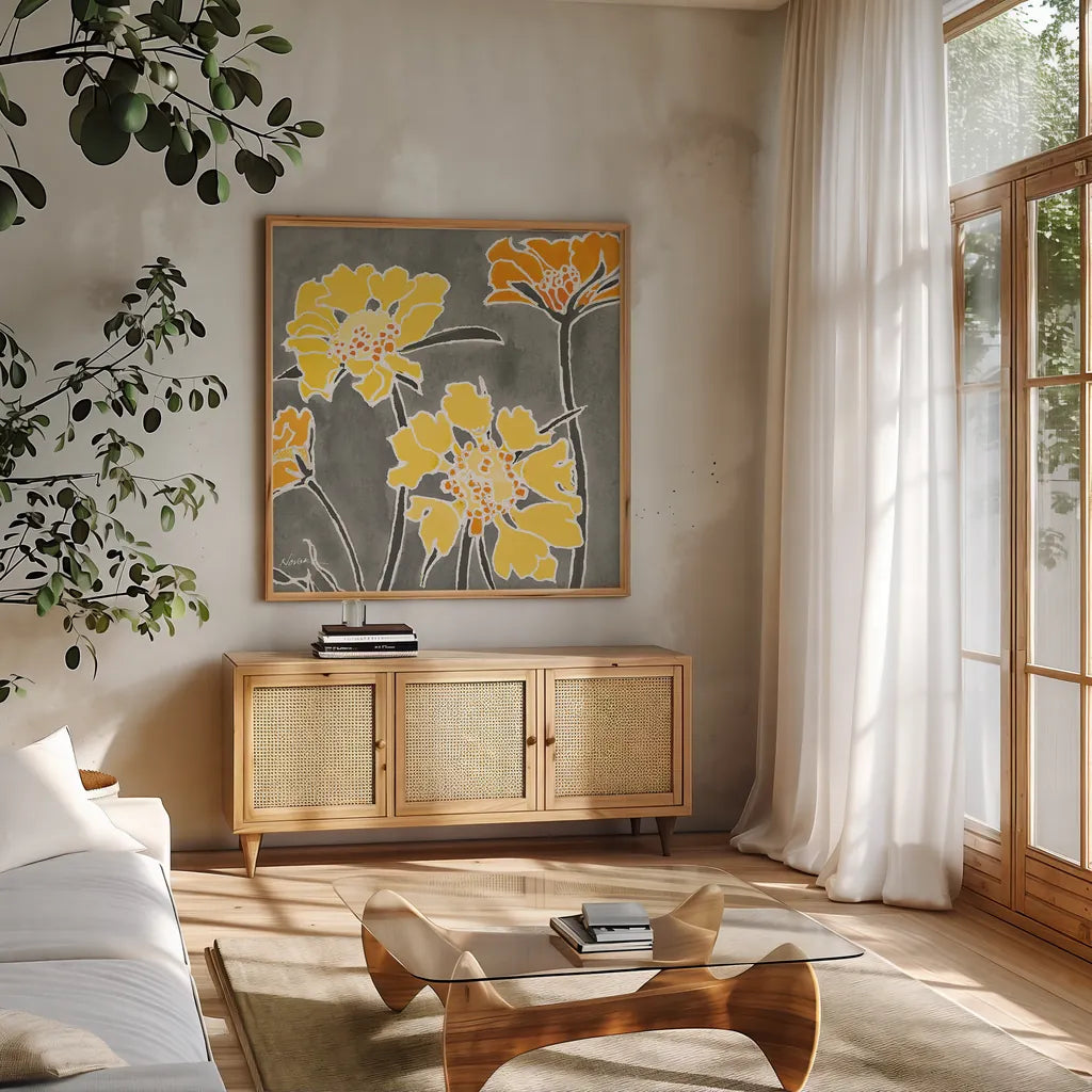 Cloisonne Beauty II Gray Crop by Shirley Novak. Shown in a natural wood frame in a cozy modern living room. Available as an archival giclee rolled canvas, fine art paper, or poster print. SKU 21473a.