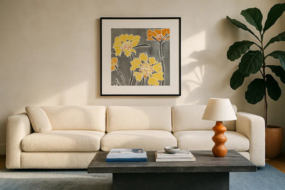Cloisonne Beauty II Gray Crop by Shirley Novak. Displayed in a glass frame with matte in a clean modern living room. Available as an archival giclee rolled canvas, fine art paper, or poster print. SKU 21473a.
