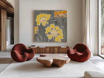 Cloisonne Beauty II Gray Crop by Shirley Novak. Shown as extra-large giant wall art in a modern living room. Available as an archival giclee rolled canvas, fine art paper, or poster print. SKU 21473a.