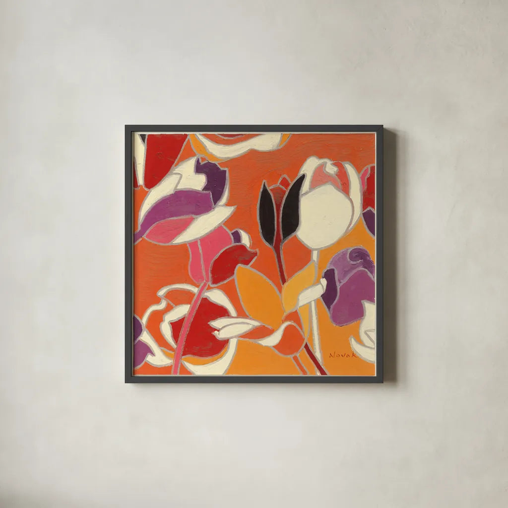 Cloisonne Tulipe II by Shirley Novak. Shown in a sleek black glass frame for a contemporary gallery look. Available as an archival giclee rolled canvas, fine art paper, or poster print. SKU 5206a.