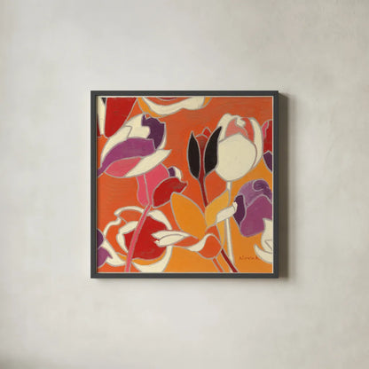 Cloisonne Tulipe II by Shirley Novak. Shown in a sleek black glass frame for a contemporary gallery look. Available as an archival giclee rolled canvas, fine art paper, or poster print. SKU 5206a.