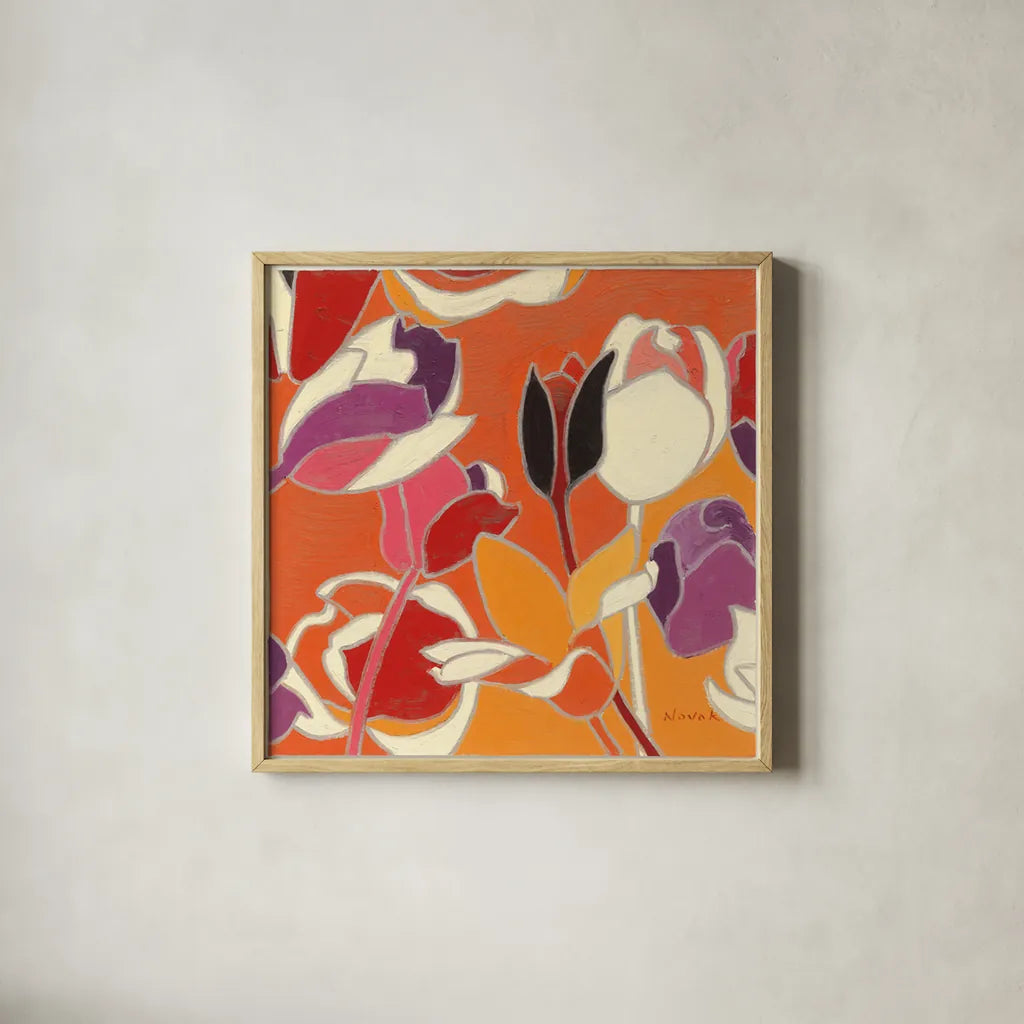 Cloisonne Tulipe II by Shirley Novak. Shown in a natural wood glass frame for a timeless modern aesthetic. Available as an archival giclee rolled canvas, fine art paper, or poster print. SKU 5206a.
