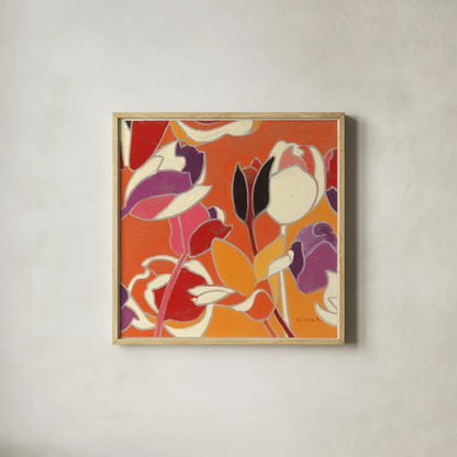 Cloisonne Tulipe II by Shirley Novak. Shown in a natural wood glass frame for a timeless modern aesthetic. Available as an archival giclee rolled canvas, fine art paper, or poster print. SKU 5206a.