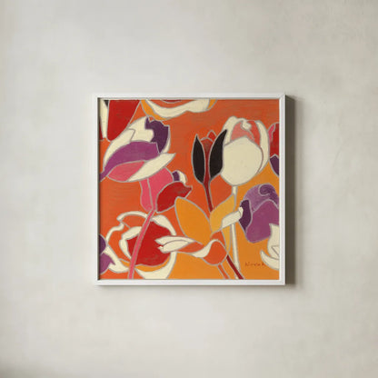 Cloisonne Tulipe II by Shirley Novak. Shown in a crisp white glass frame for a clean and minimalist style. Available as an archival giclee rolled canvas, fine art paper, or poster print. SKU 5206a.