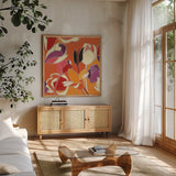 Cloisonne Tulipe II by Shirley Novak. Shown in a natural wood frame in a cozy modern living room. Available as an archival giclee rolled canvas, fine art paper, or poster print. SKU 5206a.