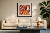 Cloisonne Tulipe II by Shirley Novak. Displayed in a glass frame with matte in a clean modern living room. Available as an archival giclee rolled canvas, fine art paper, or poster print. SKU 5206a.