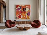 Cloisonne Tulipe II by Shirley Novak. Shown as extra-large giant wall art in a modern living room. Available as an archival giclee rolled canvas, fine art paper, or poster print. SKU 5206a.