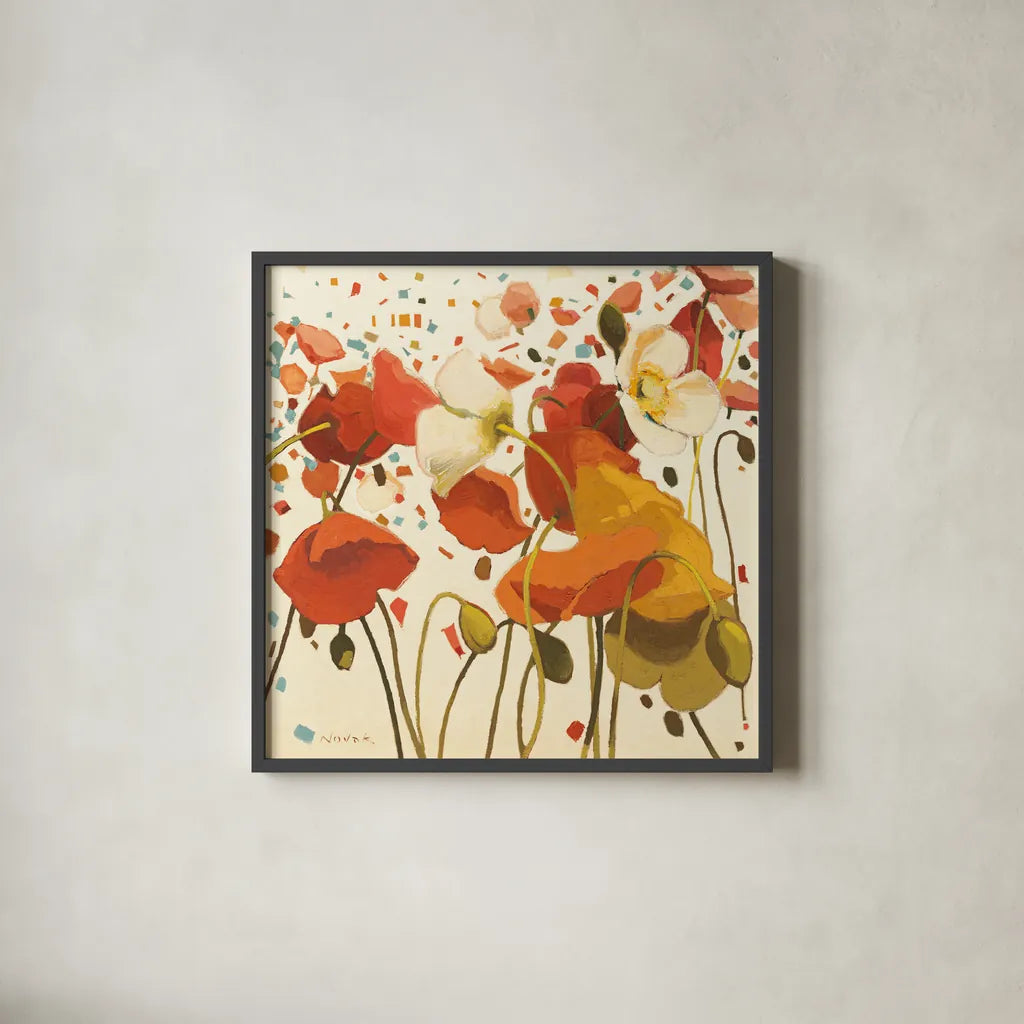 Coral Confetti by Shirley Novak. Shown in a sleek black glass frame for a contemporary gallery look. Available as an archival giclee rolled canvas, fine art paper, or poster print. SKU 3230a.