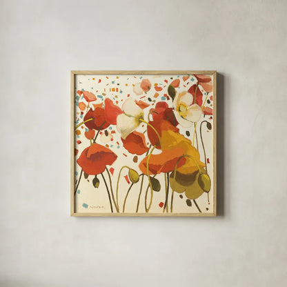 Coral Confetti by Shirley Novak. Shown in a natural wood glass frame for a timeless modern aesthetic. Available as an archival giclee rolled canvas, fine art paper, or poster print. SKU 3230a.