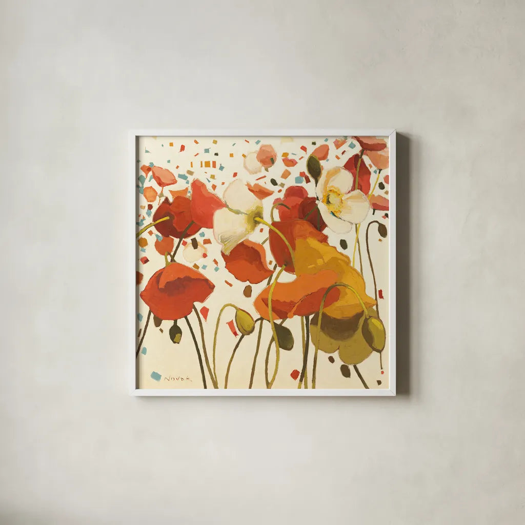 Coral Confetti by Shirley Novak. Shown in a crisp white glass frame for a clean and minimalist style. Available as an archival giclee rolled canvas, fine art paper, or poster print. SKU 3230a.