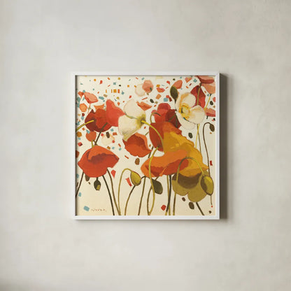 Coral Confetti by Shirley Novak. Shown in a crisp white glass frame for a clean and minimalist style. Available as an archival giclee rolled canvas, fine art paper, or poster print. SKU 3230a.