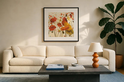 Coral Confetti by Shirley Novak. Displayed in a glass frame with matte in a clean modern living room. Available as an archival giclee rolled canvas, fine art paper, or poster print. SKU 3230a.