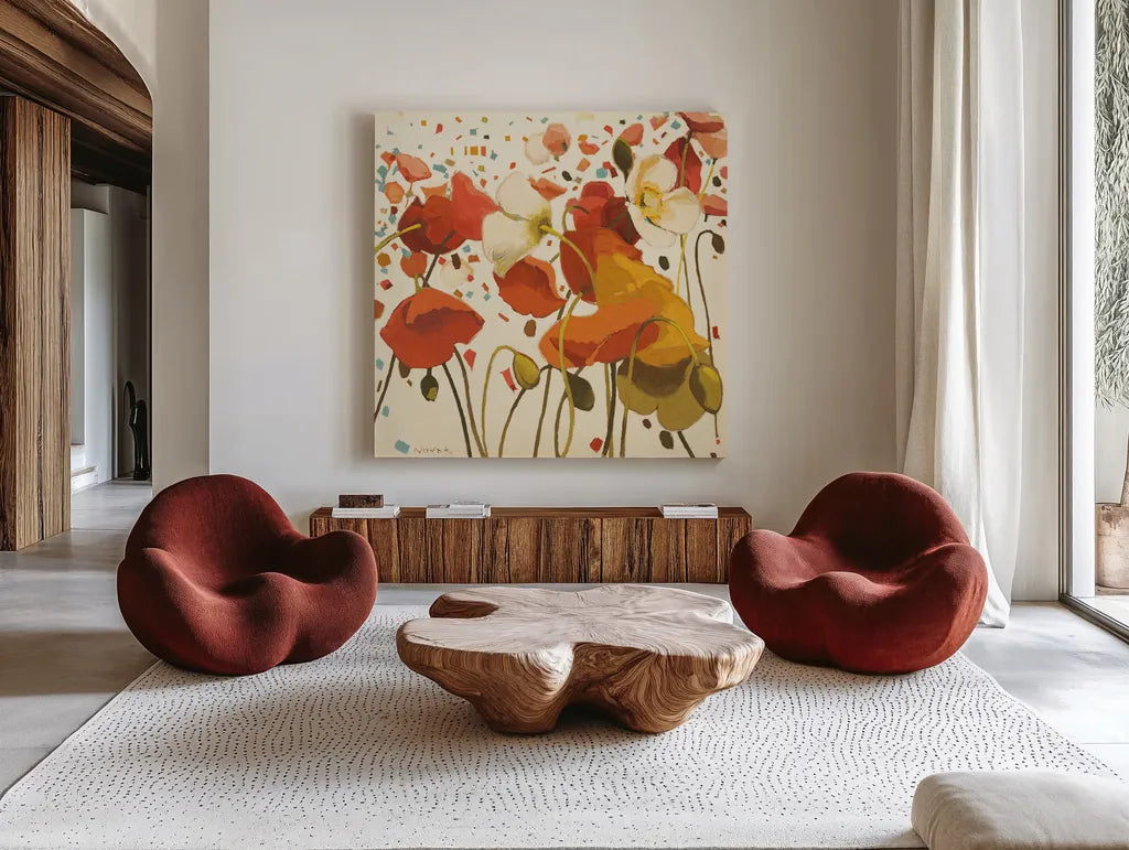 Coral Confetti by Shirley Novak. Shown as extra-large giant wall art in a modern living room. Available as an archival giclee rolled canvas, fine art paper, or poster print. SKU 3230a.