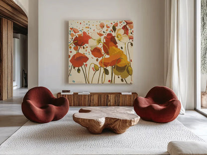 Coral Confetti by Shirley Novak. Shown as extra-large giant wall art in a modern living room. Available as an archival giclee rolled canvas, fine art paper, or poster print. SKU 3230a.
