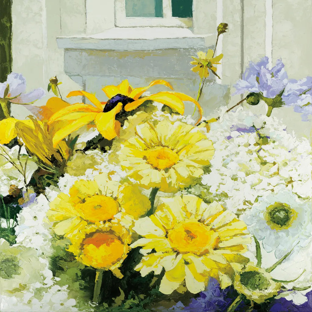Cottage Susans and Daisies by Shirley Novak. SKU 91148a. Archival Giclee Fine art print for wall decor.