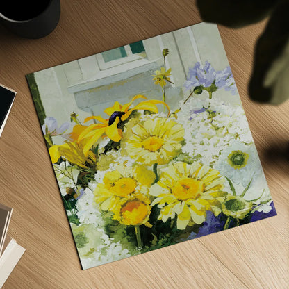Cottage Susans and Daisies by Shirley Novak. Shown as a detailed flat fine art print, highlighting archival giclee quality. Available as an archival giclee rolled canvas, fine art paper, or poster print. SKU 91148a.