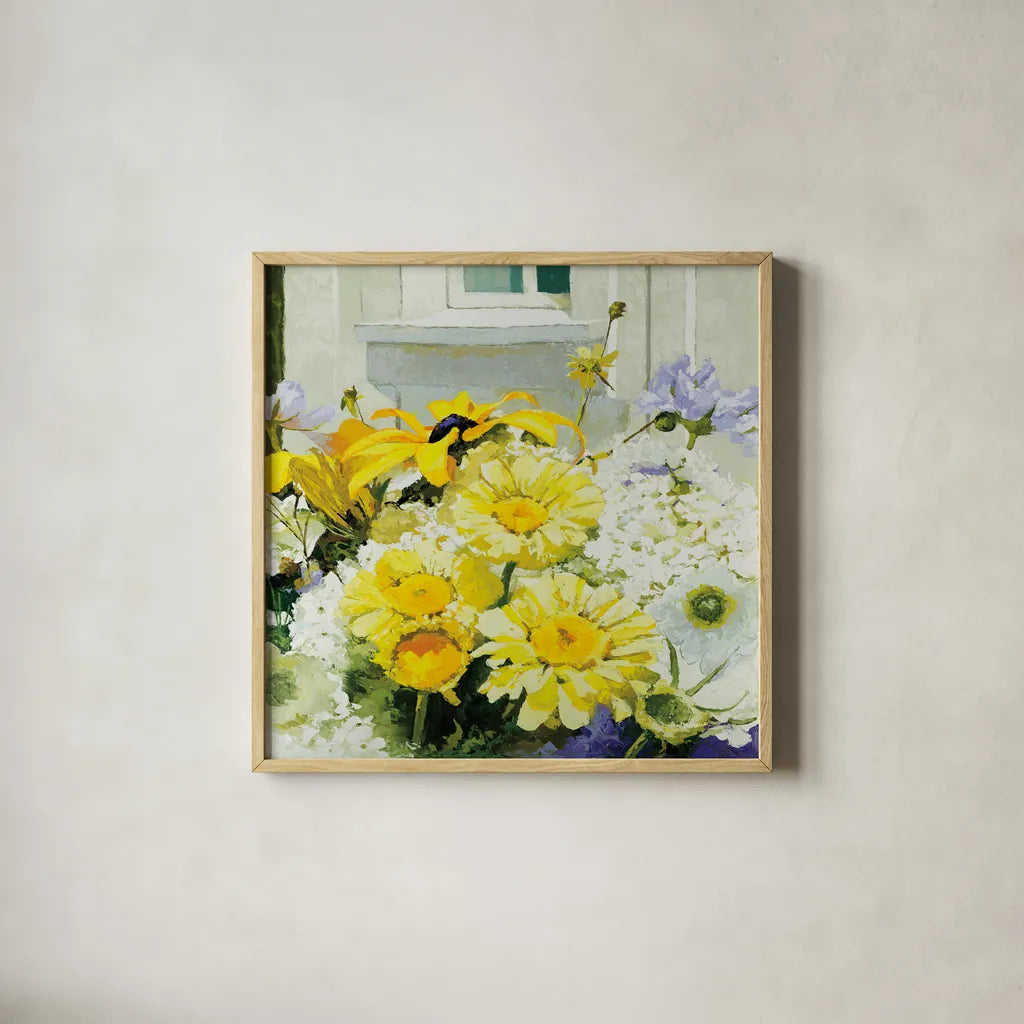 Cottage Susans and Daisies by Shirley Novak. Shown in a natural wood glass frame for a timeless modern aesthetic. Available as an archival giclee rolled canvas, fine art paper, or poster print. SKU 91148a.