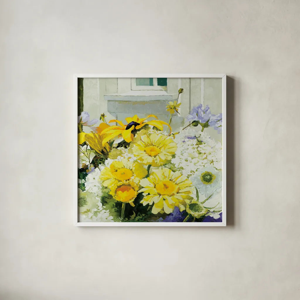 Cottage Susans and Daisies by Shirley Novak. Shown in a crisp white glass frame for a clean and minimalist style. Available as an archival giclee rolled canvas, fine art paper, or poster print. SKU 91148a.